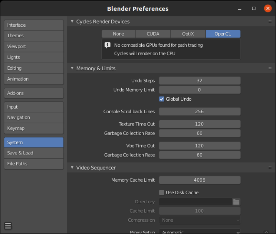 Blender - попытка установить видеокарту (OpenCL) для рендеринга с движком Cycles.