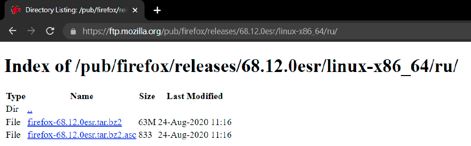 Версия Firefox ESR 68.12.0, доступная для загрузки с сервера Mozilla.