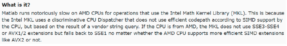 Почему MATLAB на процессорах AMD работает медленнее, чем на Intel. Источник: reddit.