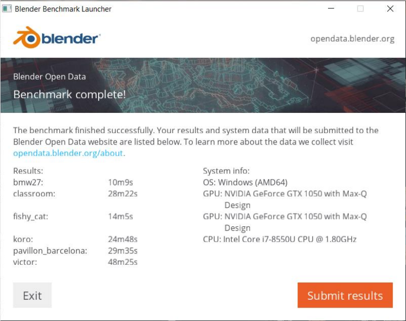 Результат Xiaomi Mi Notebook Pro GTX в тесте Blender Benchmark 2.04 (Blender 2.90). Windows 10 1909.