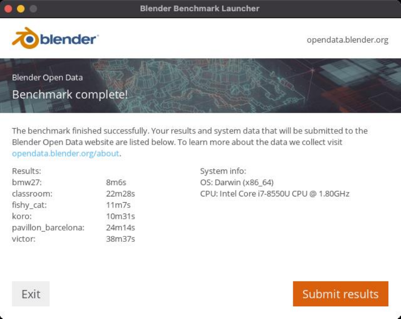 Результат Xiaomi Mi Notebook Pro GTX в тесте Blender Benchmark 2.04 (Blender 2.90). macOS 11.2.