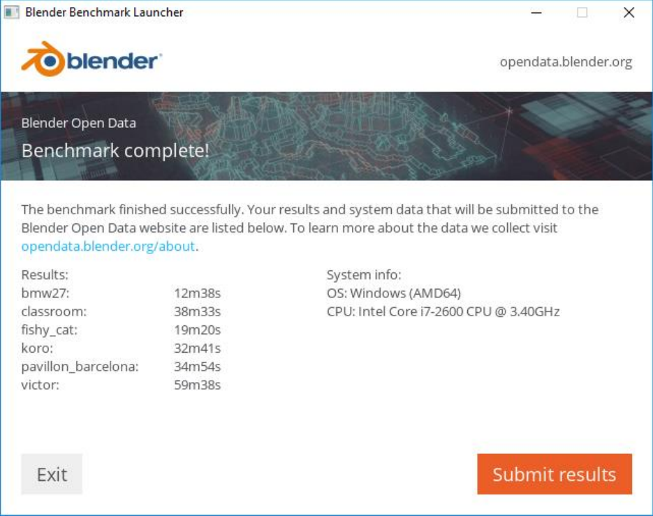 Результаты Intel Core i7-2600 в Blender Benchmark 2.04 (Blender 2.90). Источник: Blender OpenData.